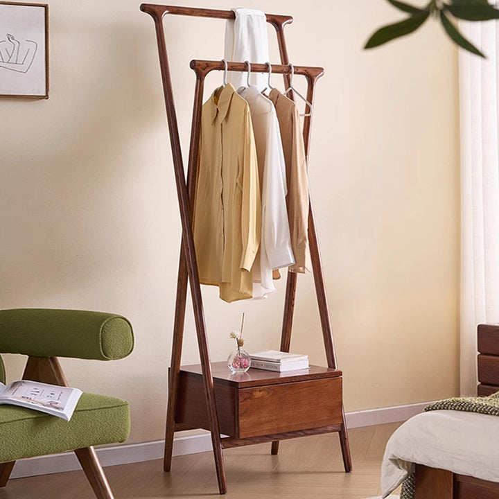 Freestanding Bedroom Garment Organizer: Ash Wood Coat Rack & Plywood Drawer - Vintage Storage Hall Tree For Bedroom