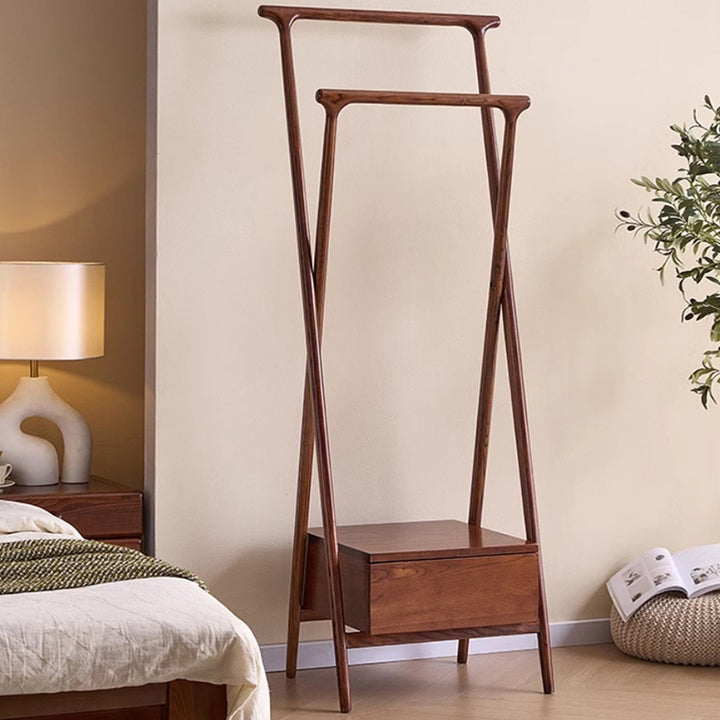 Freestanding Bedroom Garment Organizer: Ash Wood Coat Rack & Plywood Drawer - Vintage Storage Hall Tree For Bedroom