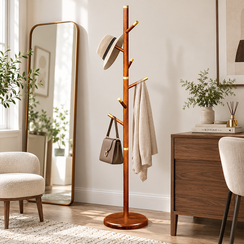 Mid-Century Vintage Wooden Coat Rack: Rubberwood With Copper Hook - Freestanding Hall Tree &amp; Clothes Hanger For Entryway