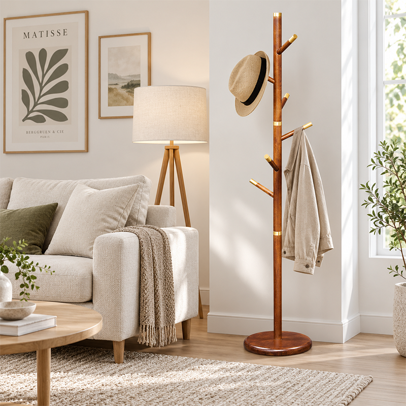 Mid-Century Vintage Wooden Coat Rack: Rubberwood With Copper Hook - Freestanding Hall Tree &amp; Clothes Hanger For Entryway