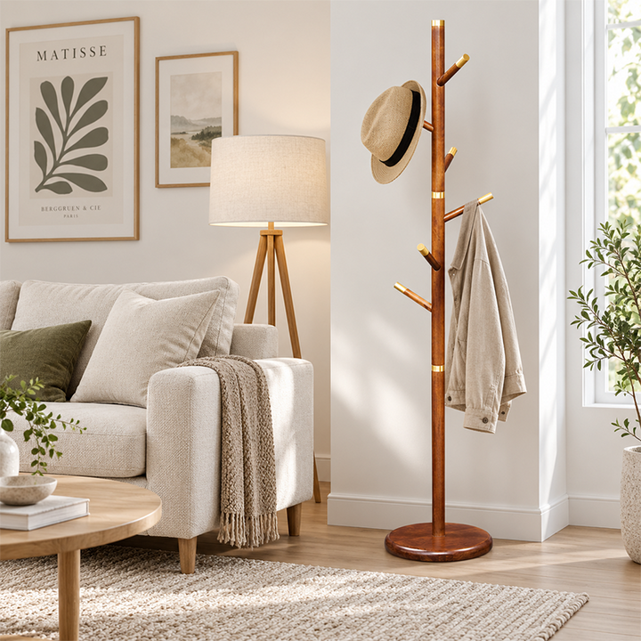 Mid-Century Vintage Wooden Coat Rack: Rubberwood With Copper Hook - Freestanding Hall Tree & Clothes Hanger For Entryway