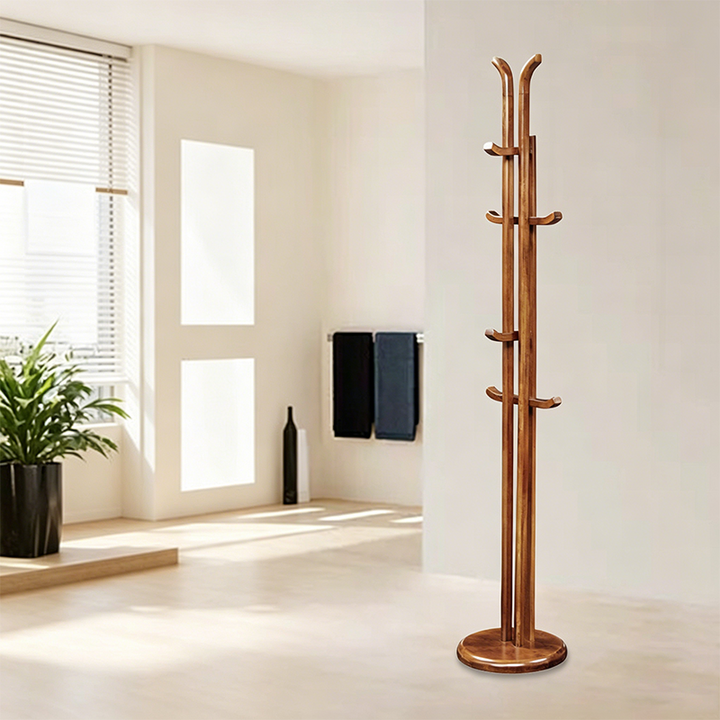 Traditional Vintage Wooden Coat Rack: Freestanding Organizer With Curved Hook - Space-Saving Hall Tree For Entryway
