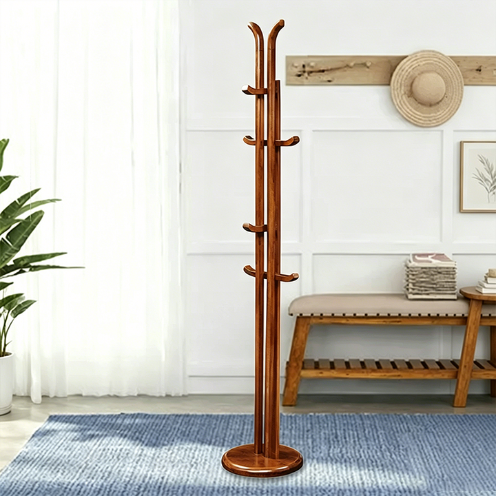 Traditional Vintage Wooden Coat Rack: Freestanding Organizer With Curved Hook - Space-Saving Hall Tree For Entryway