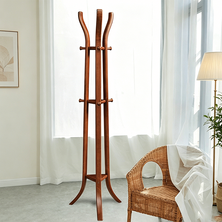 Elegant Vintage Ash Wood Coat Rack: Curved Branch-Style Hooks - Tripod Freestanding Sculptural Bentwood Hall Tree For Entryway