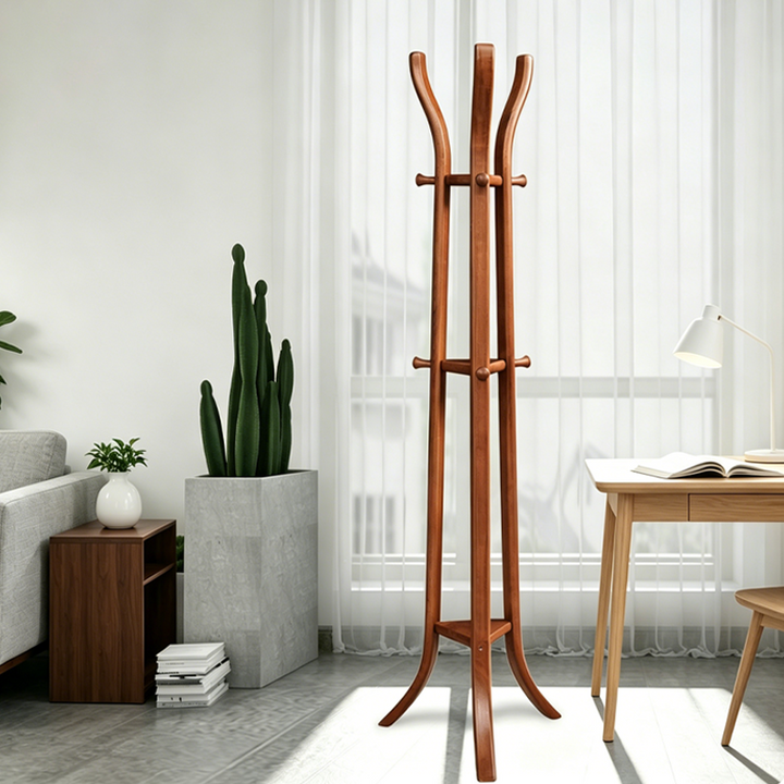 Elegant Vintage Ash Wood Coat Rack: Curved Branch-Style Hooks - Tripod Freestanding Sculptural Bentwood Hall Tree For Entryway