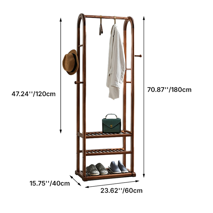 Vintage Pine Wood Hall Tree: Shoe Storage & Hanging Rod - Freestanding Coat Rack With Storage Shelf For Entryway