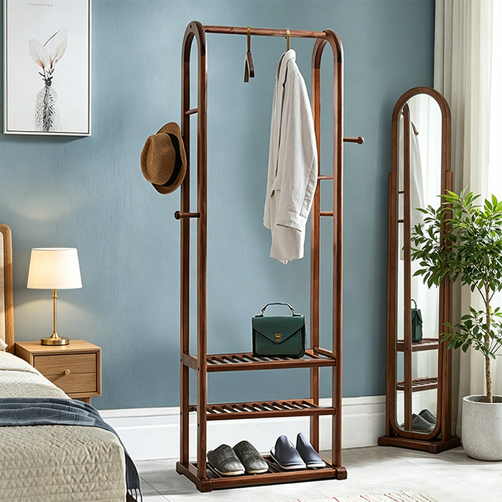 Vintage Pine Wood Hall Tree: Shoe Storage & Hanging Rod - Freestanding Coat Rack With Storage Shelf For Entryway