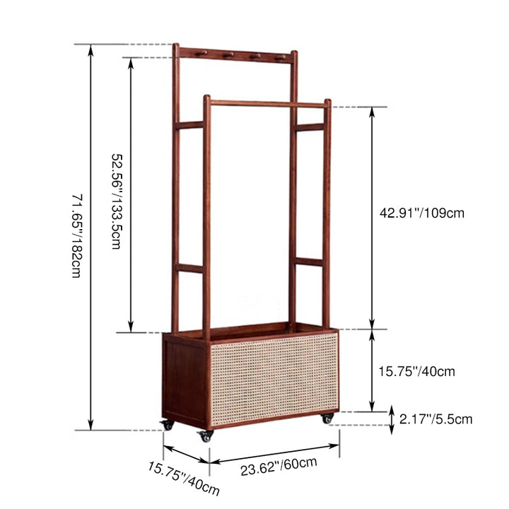 Traditional Vintage Ash Wood Coat Rack: Rattan Storage Basket - Freestanding Rolling Clothes Organizer Hall Tree For Entryway