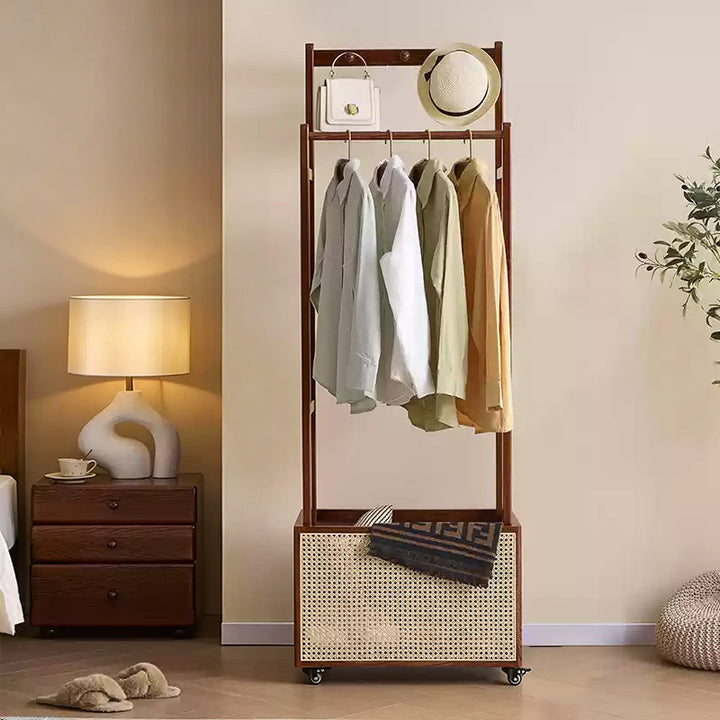 Traditional Vintage Ash Wood Coat Rack: Rattan Storage Basket - Freestanding Rolling Clothes Organizer Hall Tree For Entryway