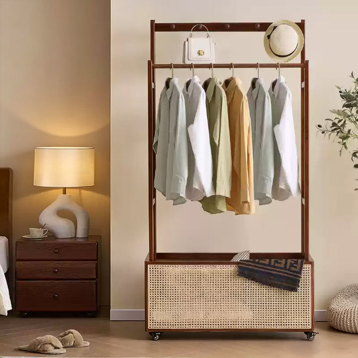 Traditional Vintage Ash Wood Coat Rack: Rattan Storage Basket - Freestanding Rolling Clothes Organizer Hall Tree For Entryway