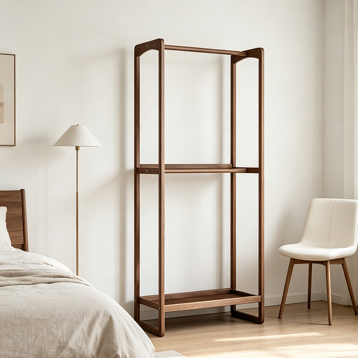 Ash Wood Freestanding Coat Rack: Double Hanging Rod & Storage Shelf Clothing Organizer - Vintage Mid-Century Hall Tree For Entryway