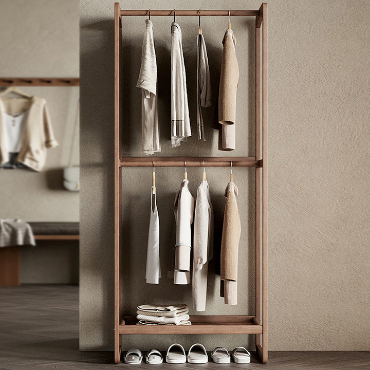 Ash Wood Freestanding Coat Rack: Double Hanging Rod & Storage Shelf Clothing Organizer - Vintage Mid-Century Hall Tree For Entryway