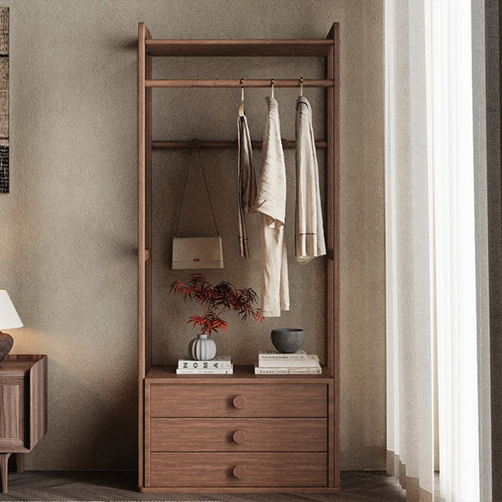 Traditional Multifunctional Ash Wood Garment Rack: 3-Drawer Clothing Organizer - Vintage Hanging Rod & Top Shelf Hall Tree For Bedroom