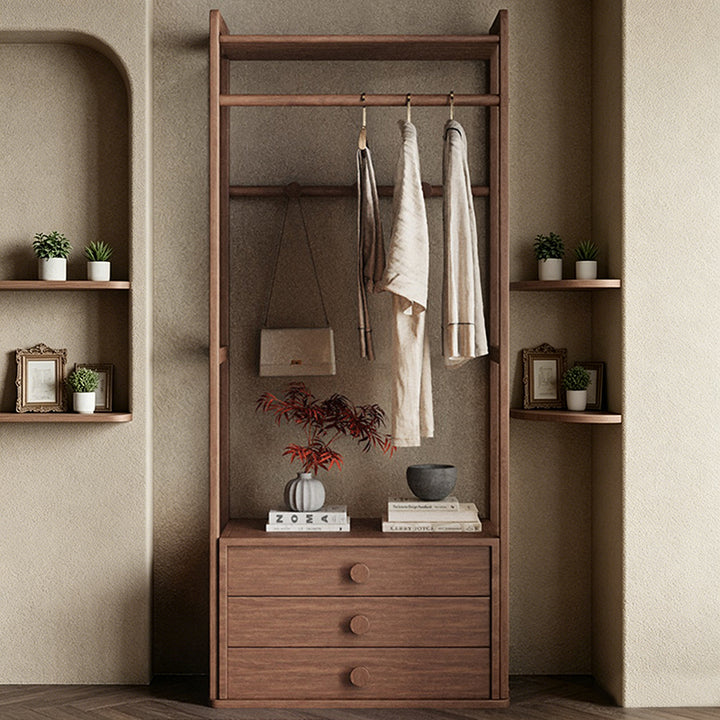 Traditional Multifunctional Ash Wood Garment Rack: 3-Drawer Clothing Organizer - Vintage Hanging Rod & Top Shelf Hall Tree For Bedroom