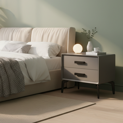 Modern Minimalist Rectangular PU Leather Solid Wood Carbon Steel Nightstand 4-Leg 2-Drawer For Bedroom