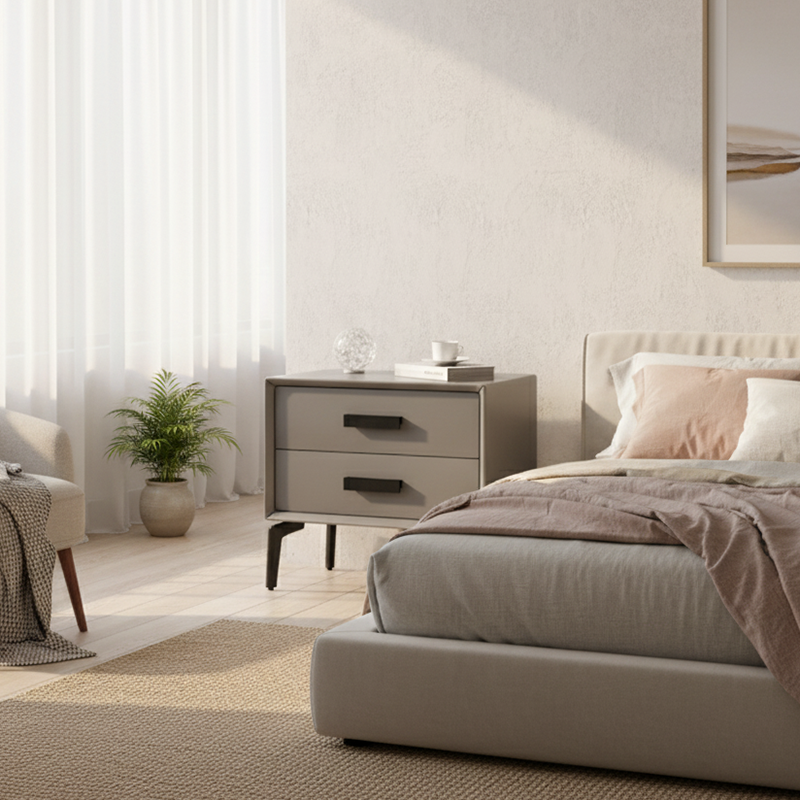 Modern Minimalist Rectangular PU Leather Solid Wood Carbon Steel Nightstand 4-Leg 2-Drawer For Bedroom