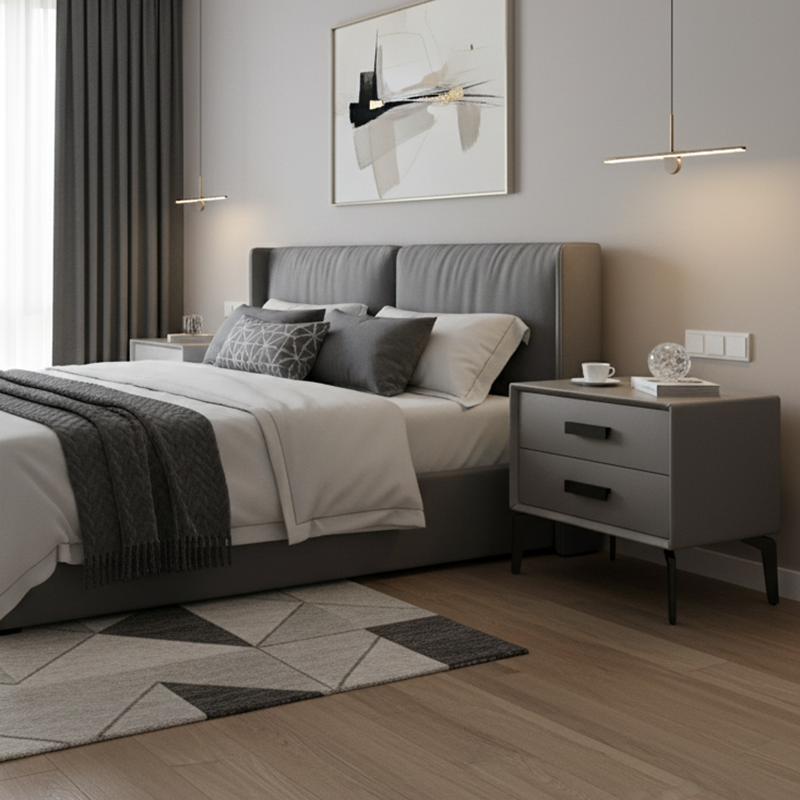 Modern Minimalist Rectangular PU Leather Solid Wood Carbon Steel Nightstand 4-Leg 2-Drawer For Bedroom