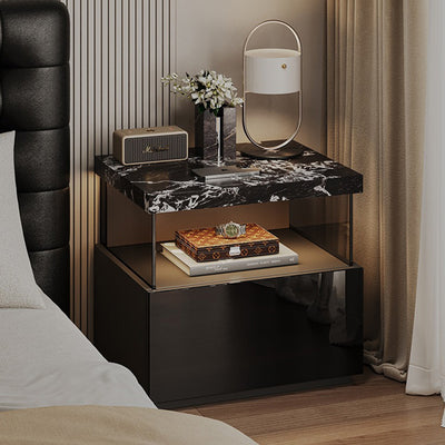 Modern Minimalist Rectangular Solid Wood Multi-layer Board Tempered Glass Stone Panel Nightstand 1-Drawer 3-Tier For Bedroom