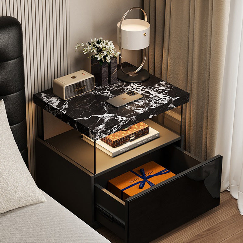 Modern Minimalist Rectangular Solid Wood Multi-layer Board Tempered Glass Stone Panel Nightstand 1-Drawer 3-Tier For Bedroom