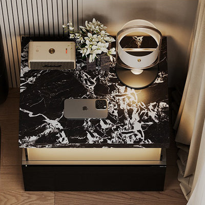 Modern Minimalist Rectangular Solid Wood Multi-layer Board Tempered Glass Stone Panel Nightstand 1-Drawer 3-Tier For Bedroom