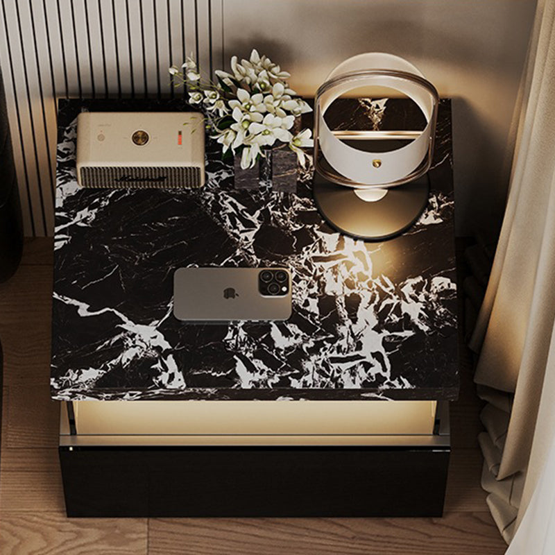 Modern Minimalist Rectangular Solid Wood Multi-layer Board Tempered Glass Stone Panel Nightstand 1-Drawer 3-Tier For Bedroom