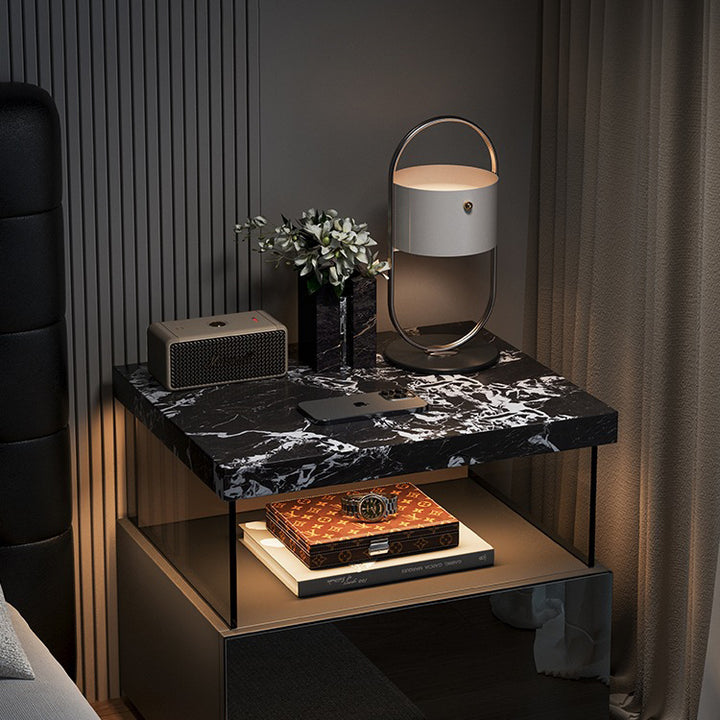 Modern Minimalist Rectangular Solid Wood Multi-layer Board Tempered Glass Stone Panel Nightstand 1-Drawer 3-Tier For Bedroom