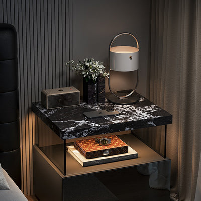 Modern Minimalist Rectangular Solid Wood Multi-layer Board Tempered Glass Stone Panel Nightstand 1-Drawer 3-Tier For Bedroom