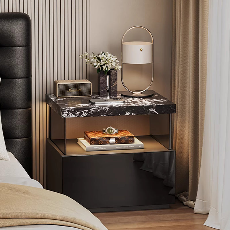 Modern Minimalist Rectangular Solid Wood Multi-layer Board Tempered Glass Stone Panel Nightstand 1-Drawer 3-Tier For Bedroom