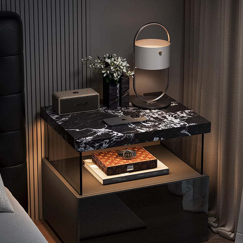 Modern Minimalist Rectangular Solid Wood Multi-layer Board Tempered Glass Stone Panel Nightstand 1-Drawer 3-Tier For Bedroom