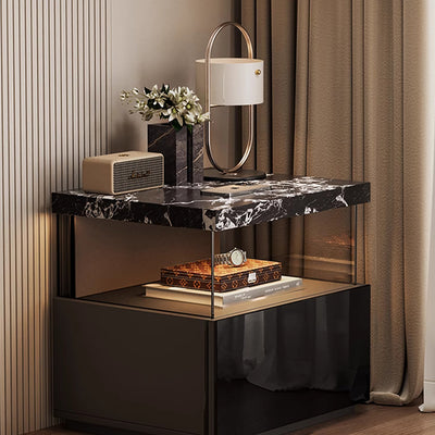 Modern Minimalist Rectangular Solid Wood Multi-layer Board Tempered Glass Stone Panel Nightstand 1-Drawer 3-Tier For Bedroom