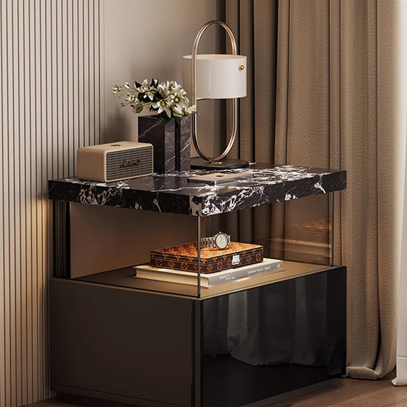 Modern Minimalist Rectangular Solid Wood Multi-layer Board Tempered Glass Stone Panel Nightstand 1-Drawer 3-Tier For Bedroom