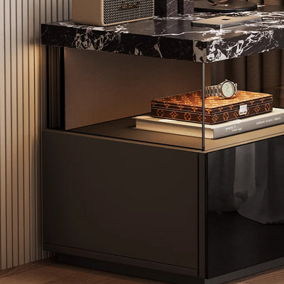 Modern Minimalist Rectangular Solid Wood Multi-layer Board Tempered Glass Stone Panel Nightstand 1-Drawer 3-Tier For Bedroom