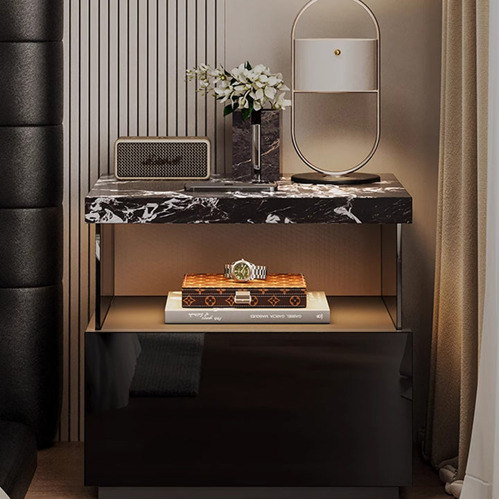 Modern Minimalist Rectangular Solid Wood Multi-layer Board Tempered Glass Stone Panel Nightstand 1-Drawer 3-Tier For Bedroom