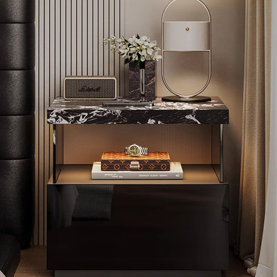 Modern Minimalist Rectangular Solid Wood Multi-layer Board Tempered Glass Stone Panel Nightstand 1-Drawer 3-Tier For Bedroom