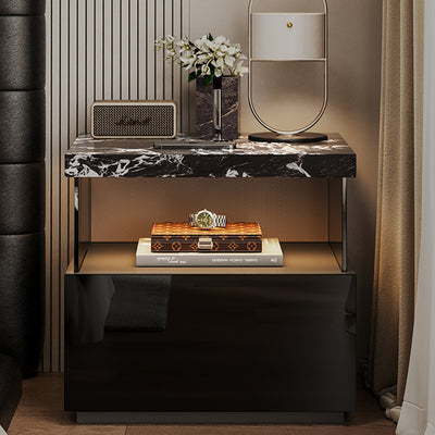 Modern Minimalist Rectangular Solid Wood Multi-layer Board Tempered Glass Stone Panel Nightstand 1-Drawer 3-Tier For Bedroom