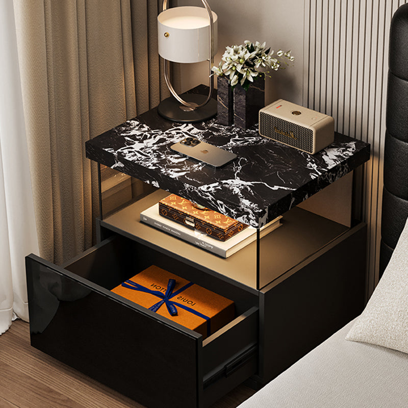 Modern Minimalist Rectangular Solid Wood Multi-layer Board Tempered Glass Stone Panel Nightstand 1-Drawer 3-Tier For Bedroom