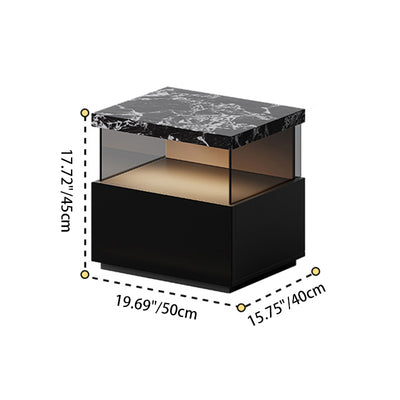 Modern Minimalist Rectangular Solid Wood Multi-layer Board Tempered Glass Stone Panel Nightstand 1-Drawer 3-Tier For Bedroom