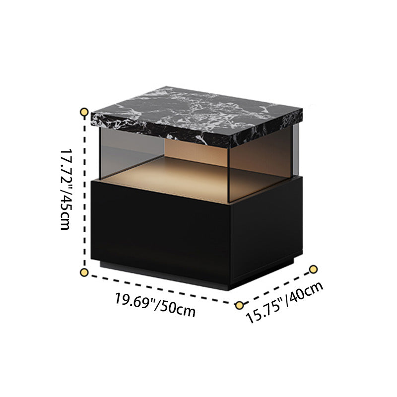 Modern Minimalist Rectangular Solid Wood Multi-layer Board Tempered Glass Stone Panel Nightstand 1-Drawer 3-Tier For Bedroom