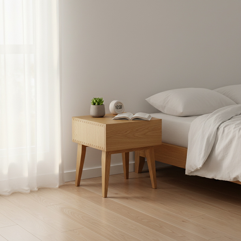 Modern Minimalist Rectangular Solid Wood Nightstand 1-Drawer 4-Leg For Bedroom