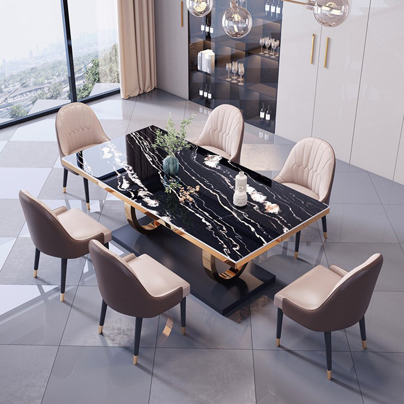 Mesa de comedor rectangular de lujo moderno de mármol artificial con patas de acero inoxidable de 2 patas para comedor 