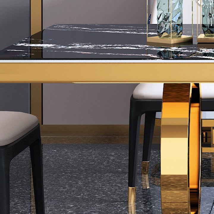 Mesa de comedor rectangular de lujo moderno de mármol artificial con patas de acero inoxidable de 2 patas para comedor 