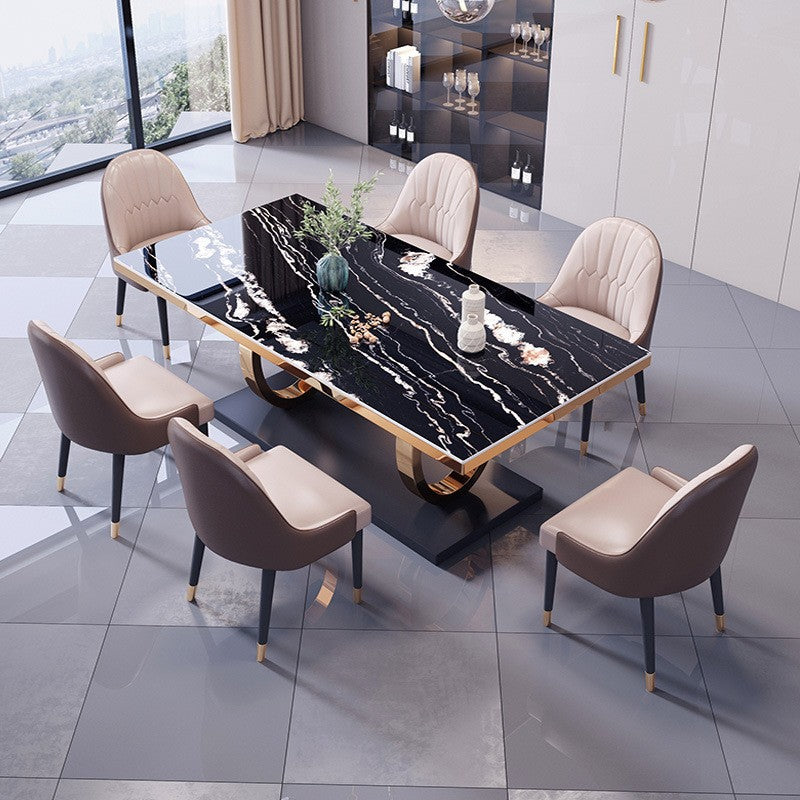 Mesa de comedor rectangular de lujo moderno de mármol artificial con patas de acero inoxidable de 2 patas para comedor 