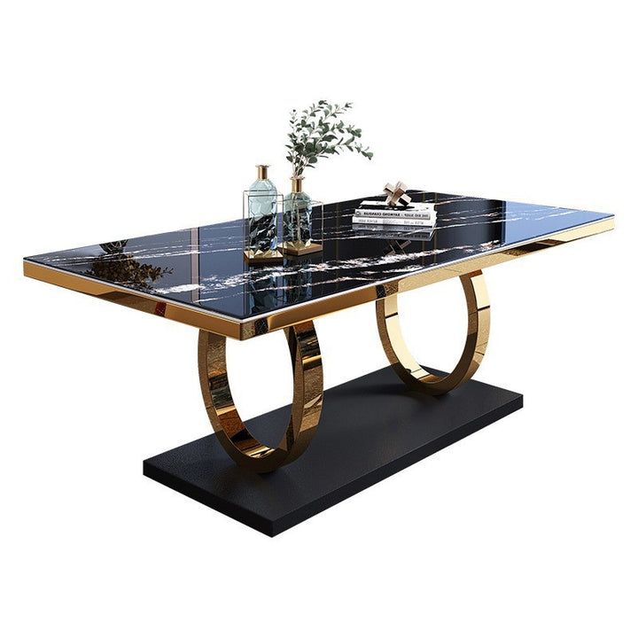 Mesa de comedor rectangular de lujo moderno de mármol artificial con patas de acero inoxidable de 2 patas para comedor 