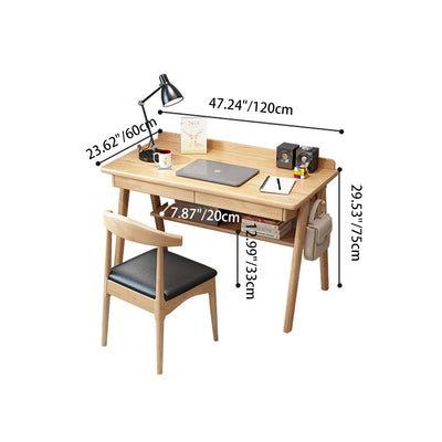 Modern Minimalist Rectangular Solid Wood Desks 4-Leg 2-Drawer 2-Tier For Home Office