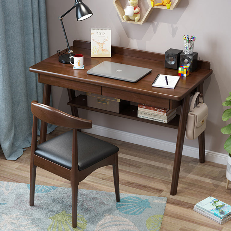 Modern Minimalist Rectangular Solid Wood Desks 4-Leg 2-Drawer 2-Tier For Home Office