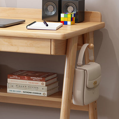 Modern Minimalist Rectangular Solid Wood Desks 4-Leg 2-Drawer 2-Tier For Home Office