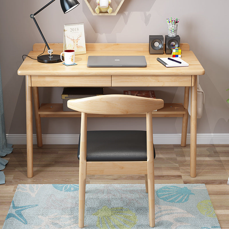 Modern Minimalist Rectangular Solid Wood Desks 4-Leg 2-Drawer 2-Tier For Home Office