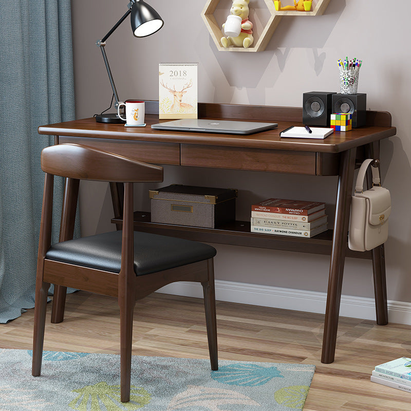 Modern Minimalist Rectangular Solid Wood Desks 4-Leg 2-Drawer 2-Tier For Home Office