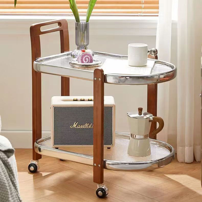 Moderner minimalistischer runder rechteckiger Glas-Massivholz-Beistelltisch mit 4 Beinen, 2 Ebenen, beweglich für das Wohnzimmer 