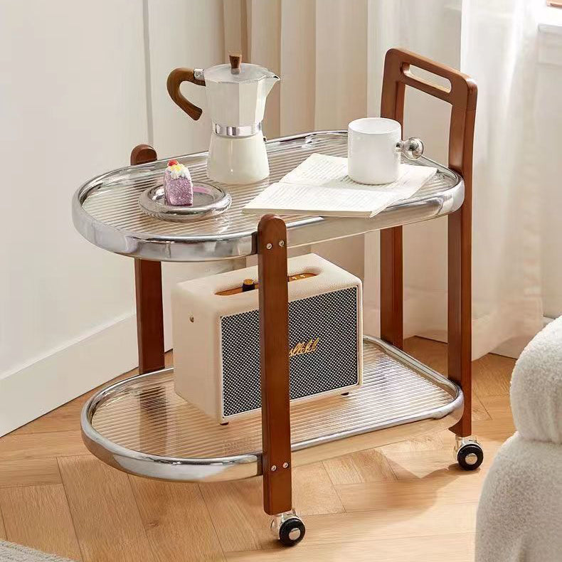 Moderner minimalistischer runder rechteckiger Glas-Massivholz-Beistelltisch mit 4 Beinen, 2 Ebenen, beweglich für das Wohnzimmer 